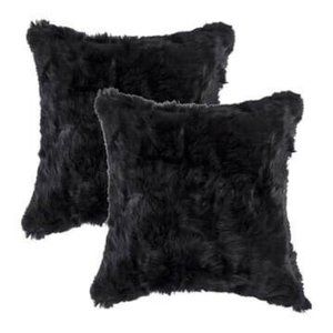 Natural Genuine Rabbit Fur Pillow - Set of 2 - 18" x 18" - Black